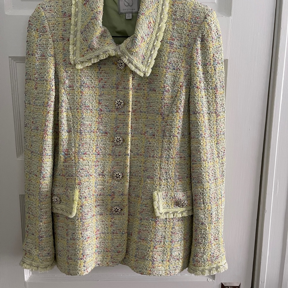 St. John Couture Tweed Blazer and Skirt Set in Green and Pastels
